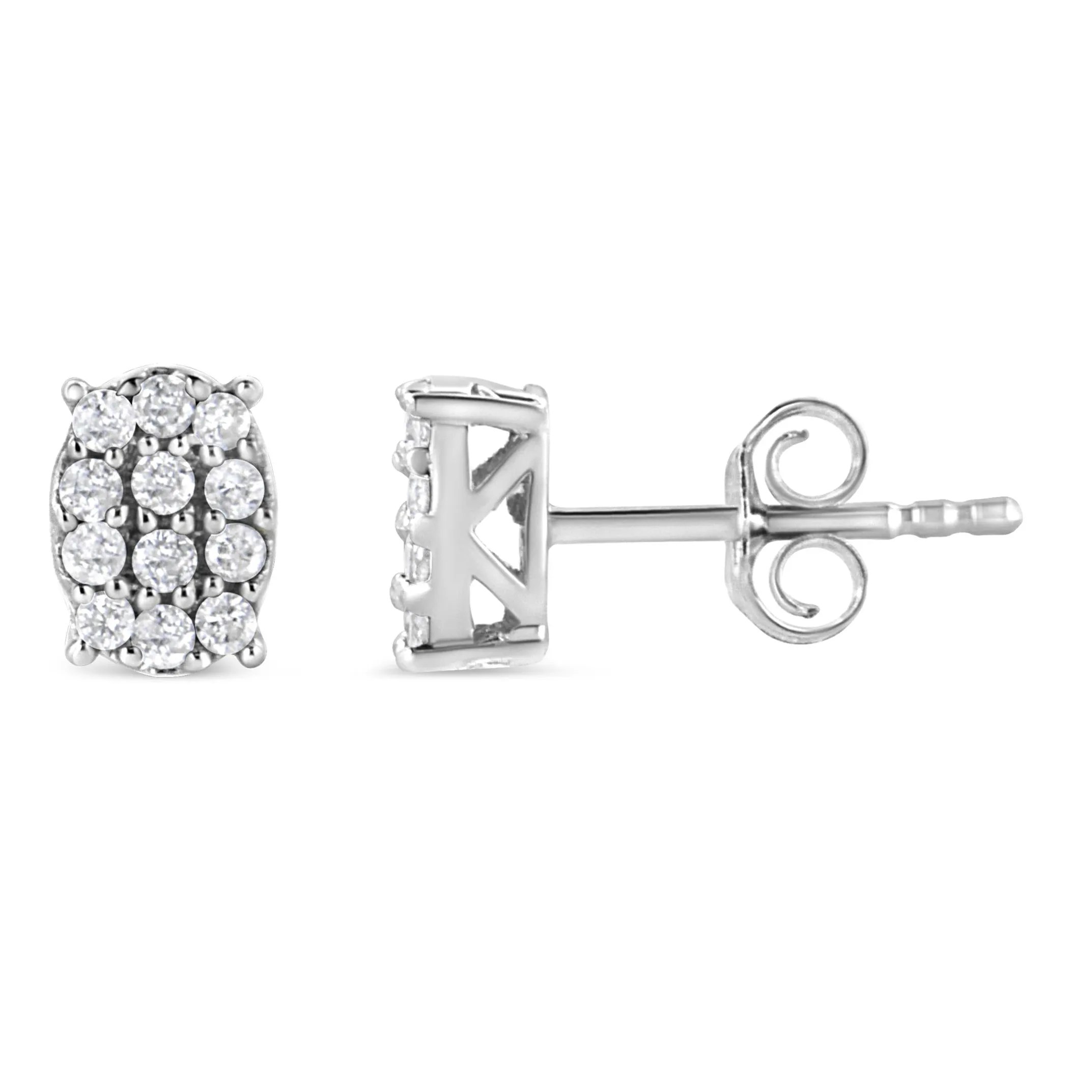 .925 Sterling Silver 1/4 Cttw Round Diamond Oval Shaped Cluster Stud Earrings (I-J Color, I2-I3 Clarity)