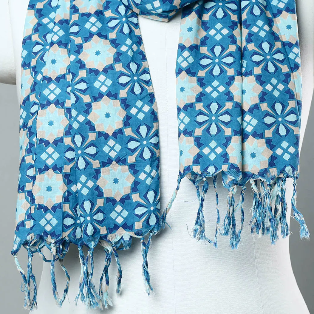 Blue - Sanganeri Block Printed Cotton Stole with Tassels 99