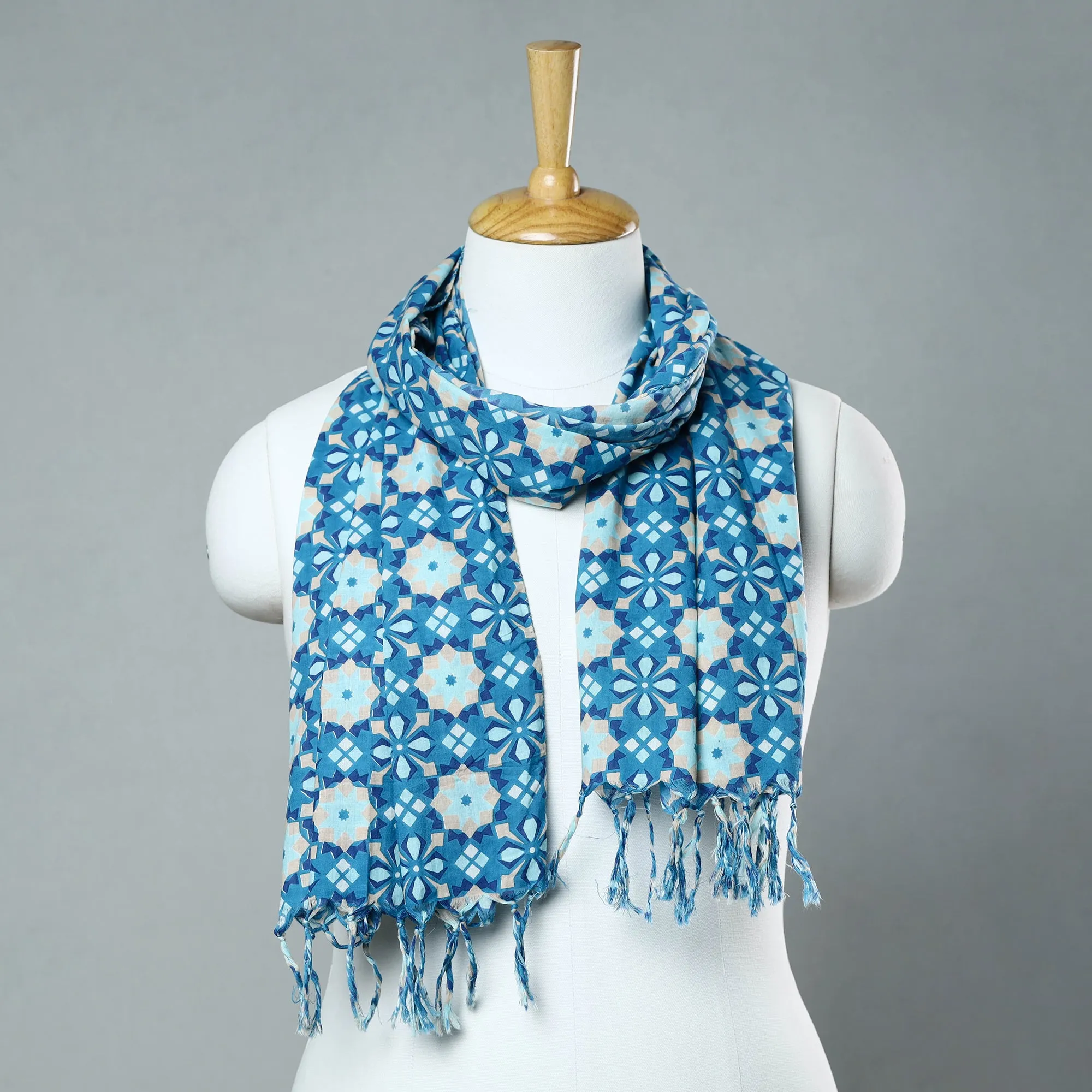 Blue - Sanganeri Block Printed Cotton Stole with Tassels 99