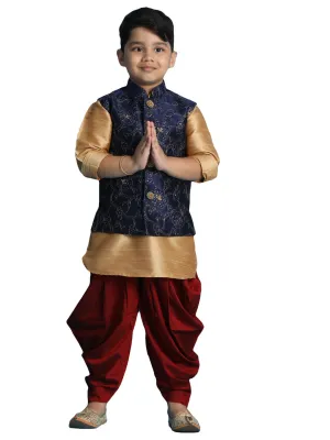 Boy's Rose Gold, Navy Blue And Maroon Jacket, Kurta And Dhoti Set - Vastramay Boys