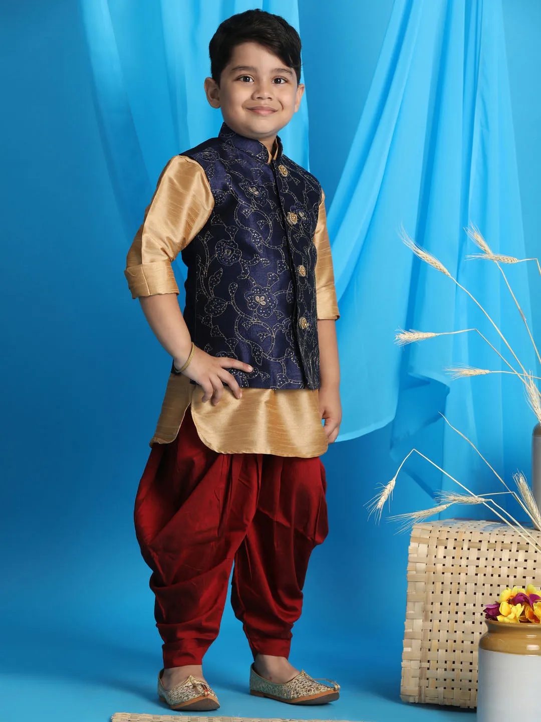 Boy's Rose Gold, Navy Blue And Maroon Jacket, Kurta And Dhoti Set - Vastramay Boys