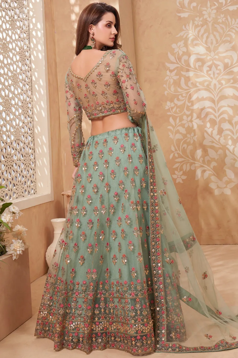 Bridal Mint Green A Line All Embroidered Lehenga Choli