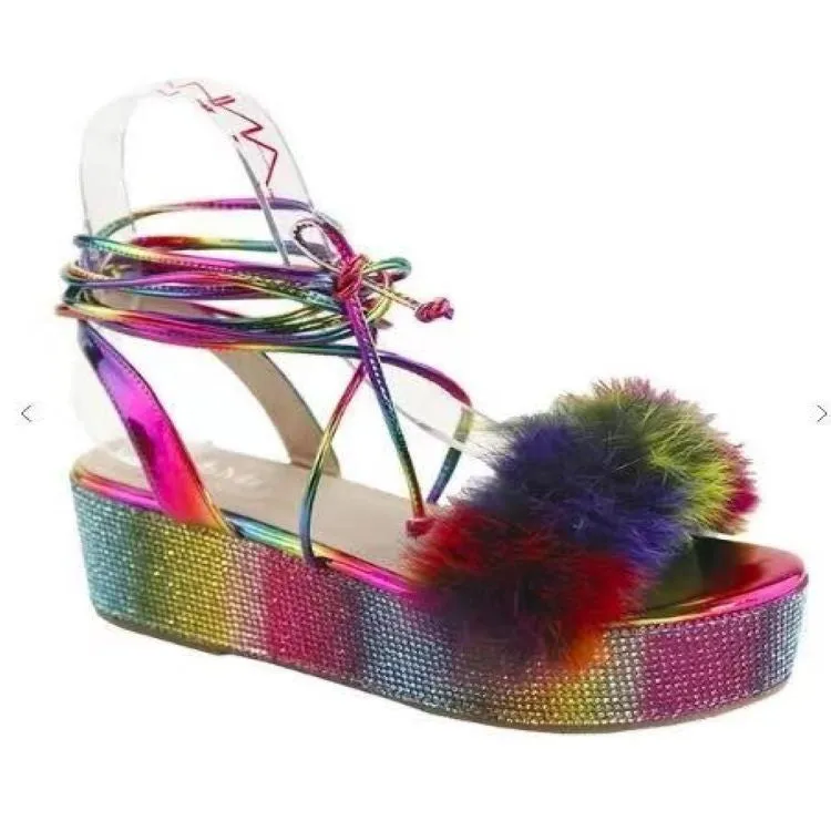 Colored Plush Sandals Women's Thick-Soled Rhinestone Foreign Trade Roman | Brodtica.com