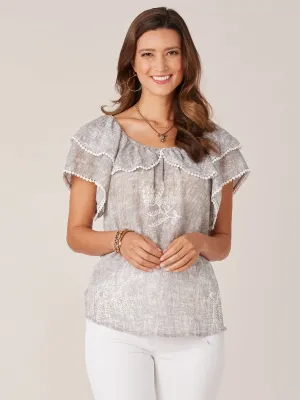 Double Layer Short Flounce Sleeve Round Neck Embroidered Woven Top