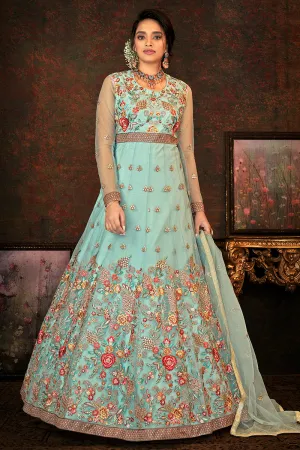 Floral Embroidered Dusty Blue Designer Wedding Anarkali Suit