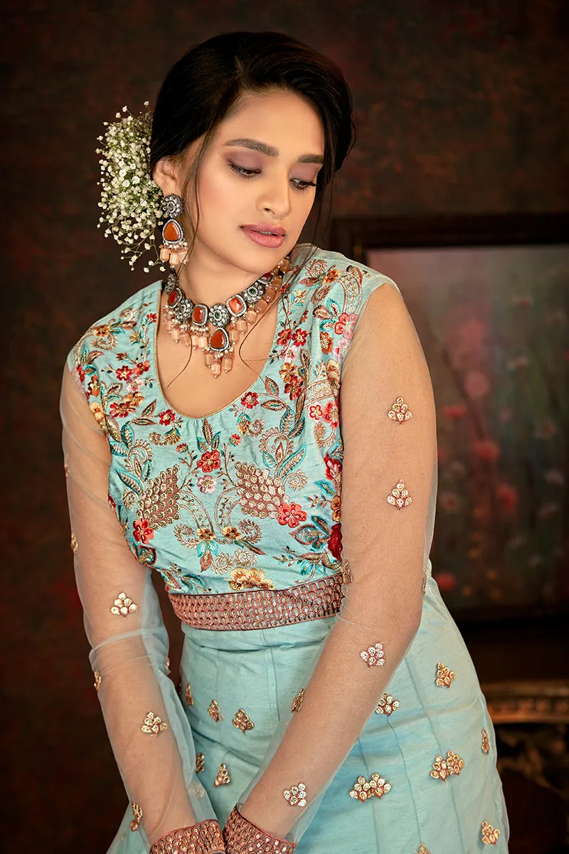 Floral Embroidered Dusty Blue Designer Wedding Anarkali Suit