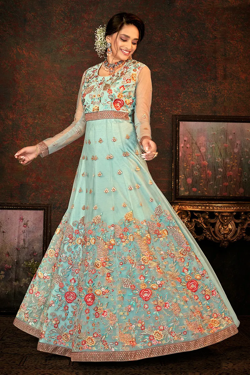 Floral Embroidered Dusty Blue Designer Wedding Anarkali Suit