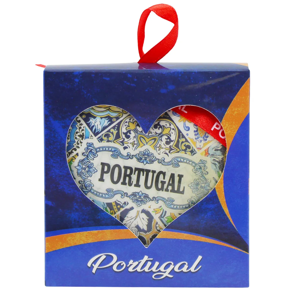 Heart-Shaped Portugal Christmas Ornament with Azulejo Tile Design and Ribbon