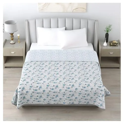 Jewear Beautiful Green & Sky Blue Flower Mixture Printed Cotton Design Blanket/Dohar A Classic Choice for Modern Homes 60/90 Queen Size Quantity 1 Pack of 1pcs.