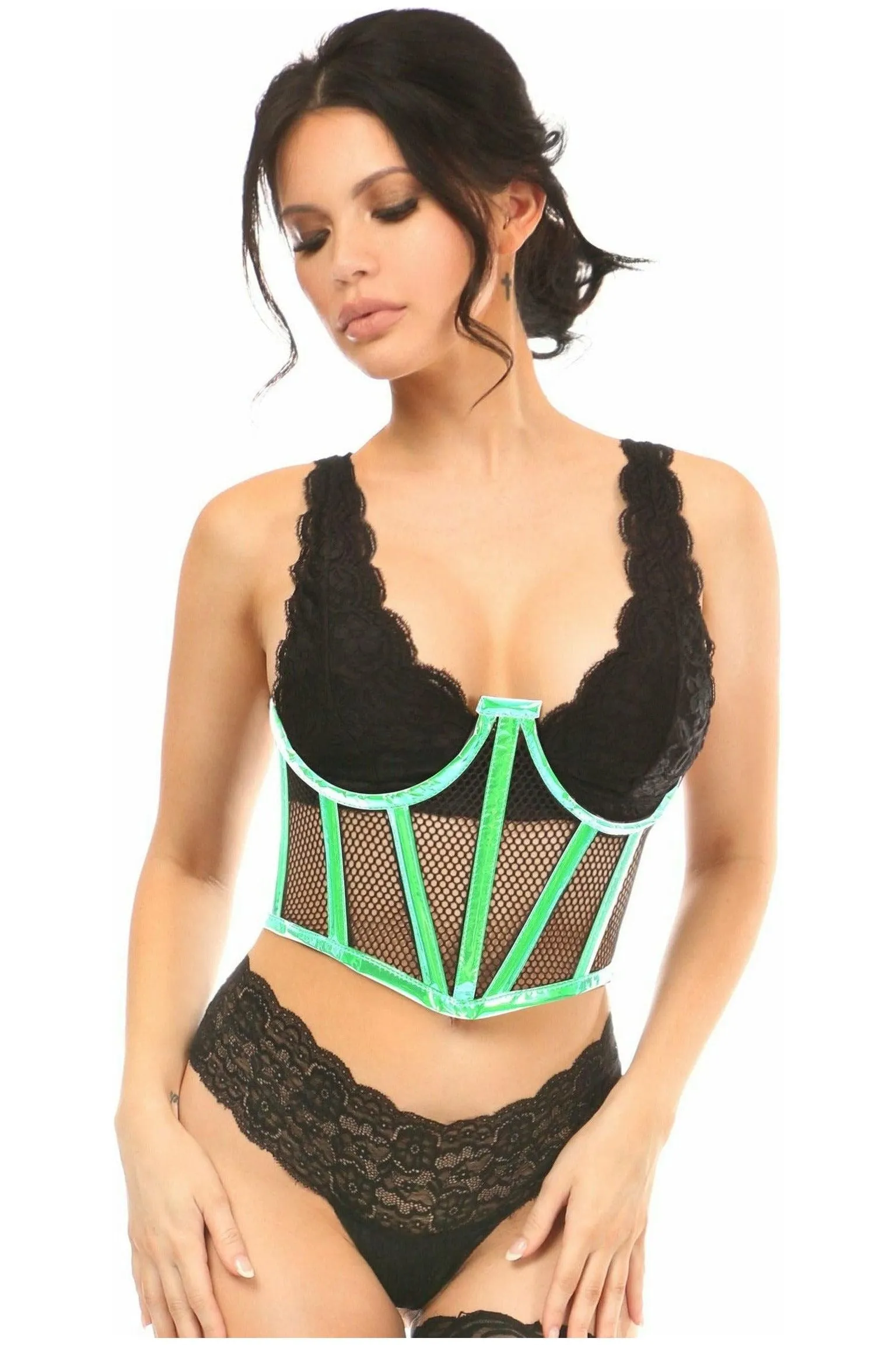 Lavish Mint Green Holo & Fishnet Underwire Waist Cincher Corset