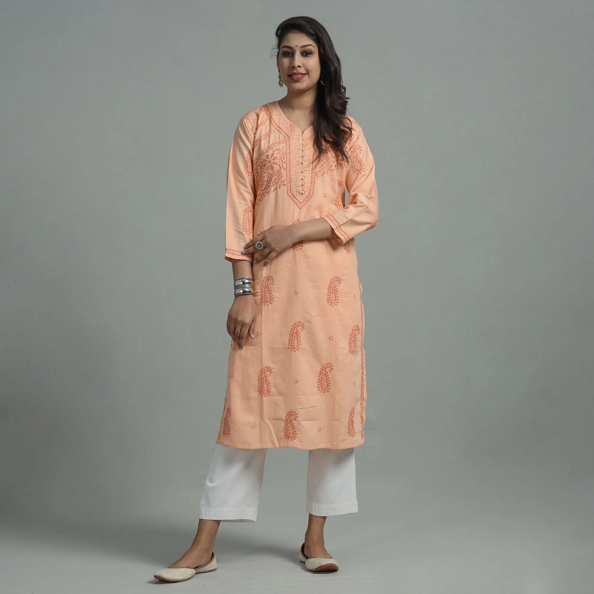 Light Orange Chikankari Hand Embroidered Cotton Long Kurta