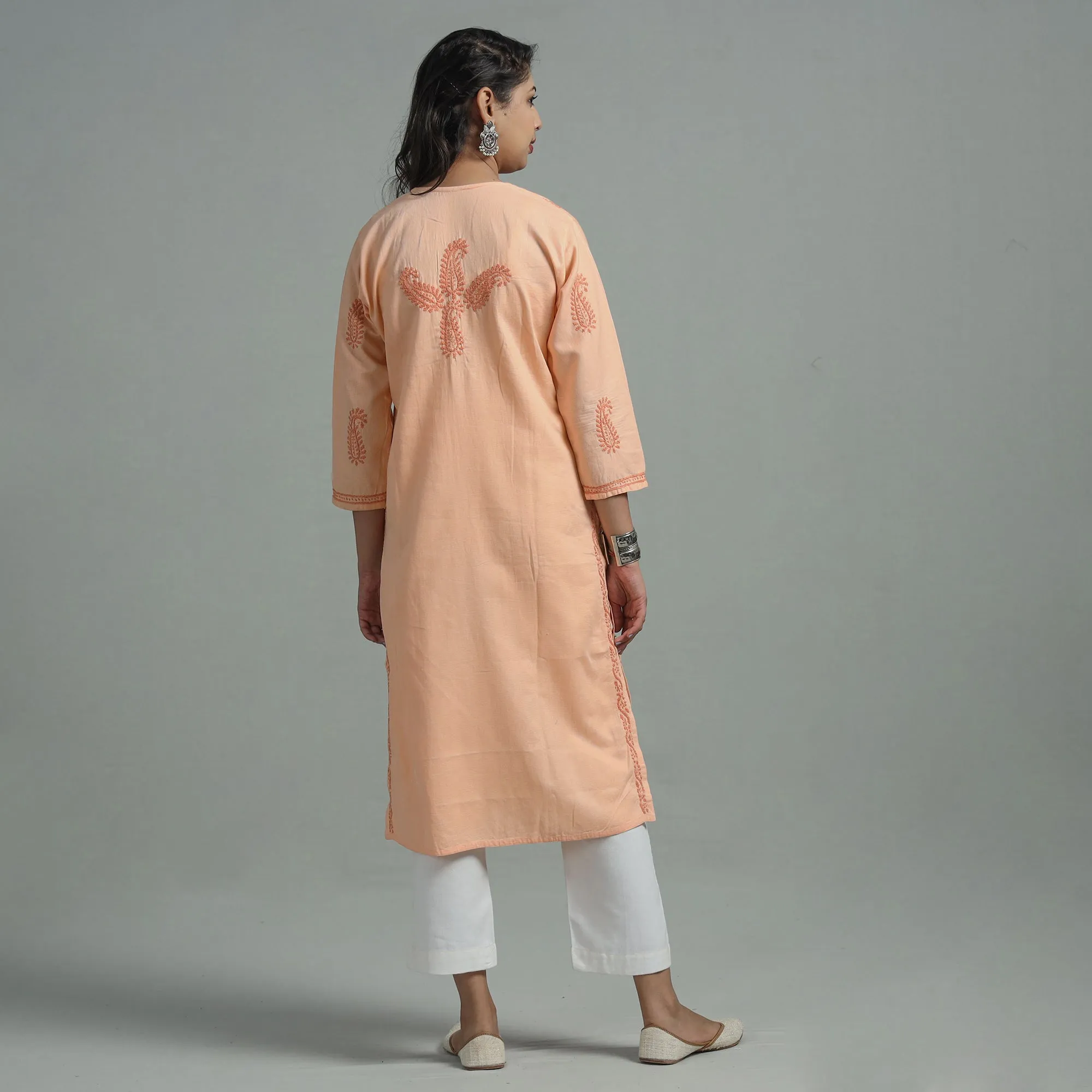 Light Orange Chikankari Hand Embroidered Cotton Long Kurta