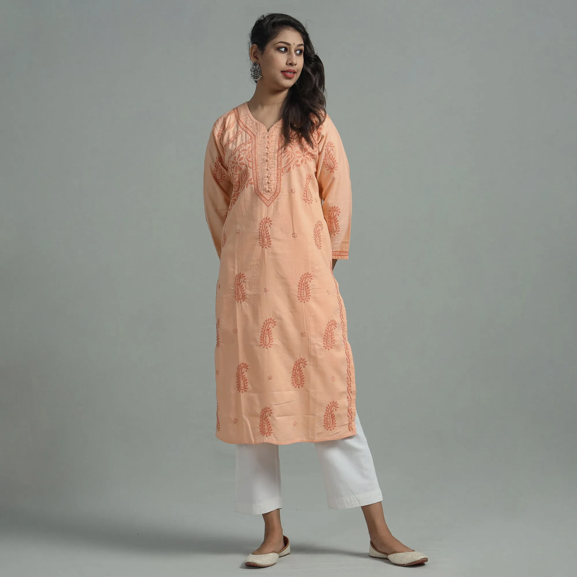 Light Orange Chikankari Hand Embroidered Cotton Long Kurta