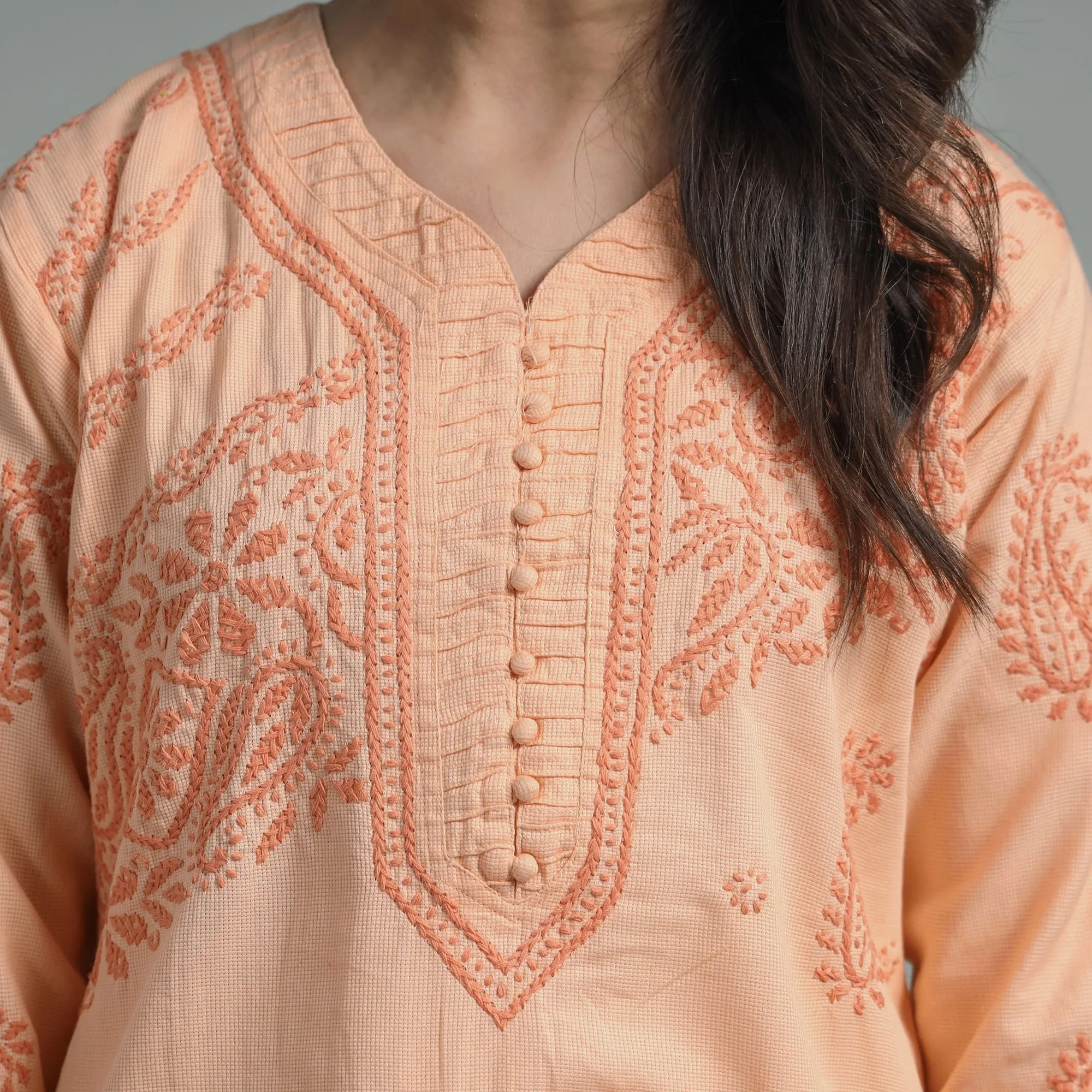 Light Orange Chikankari Hand Embroidered Cotton Long Kurta