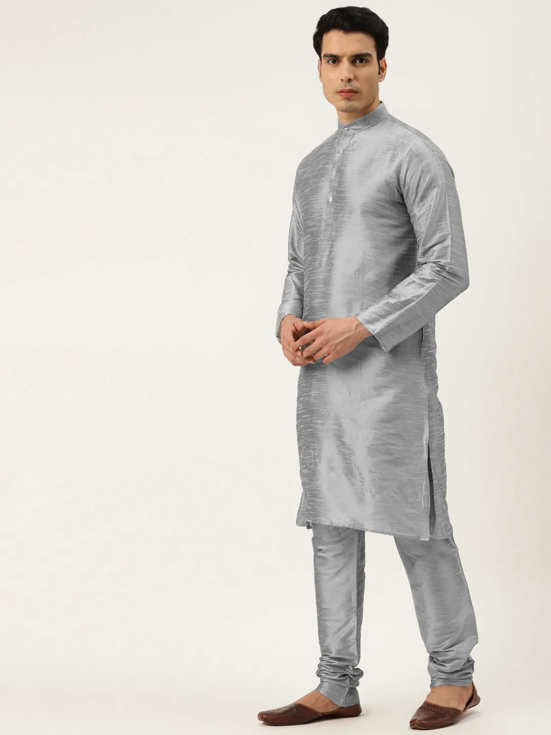 Men's Silk Blend Grey Kurta Pyjama & Light Green Sherwani Set - Sojanya