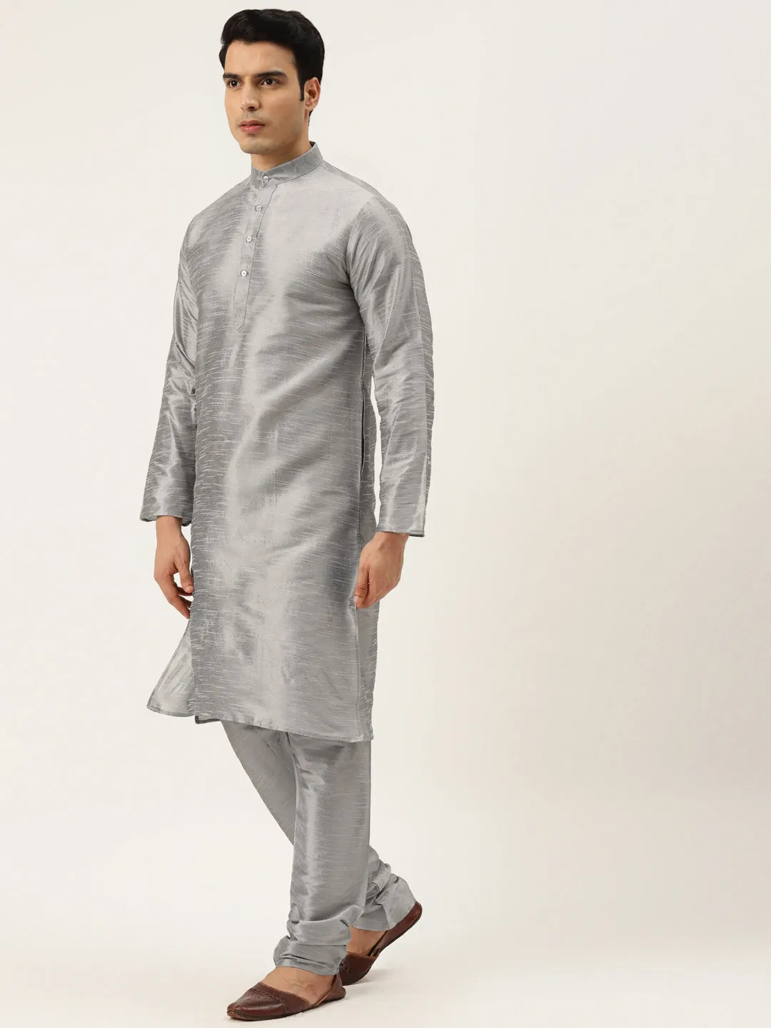 Men's Silk Blend Grey Kurta Pyjama & Peach Sherwani Set - Sojanya