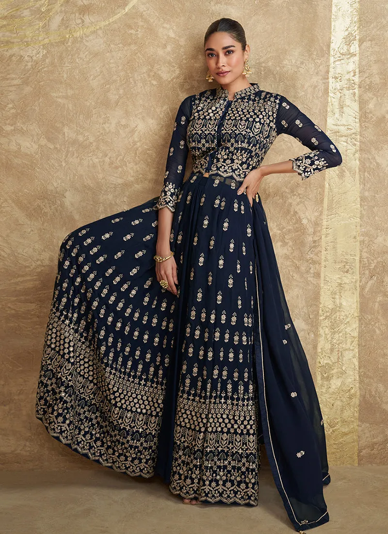 Navy Blue Traditional Embroidered Slit Style Palazzo Suit