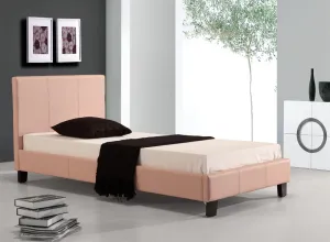 Pink PU Leather Single Bed Frame with Padded Headboard