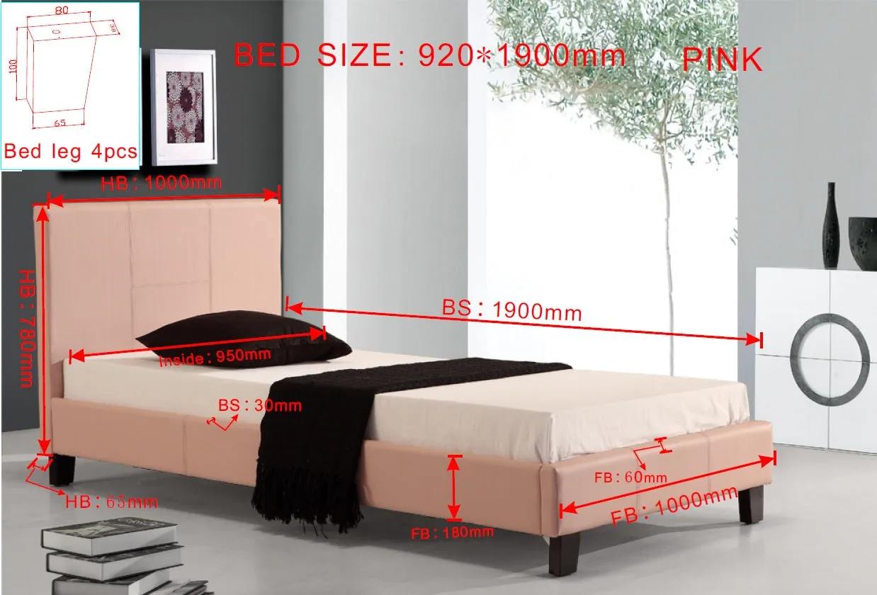 Pink PU Leather Single Bed Frame with Padded Headboard