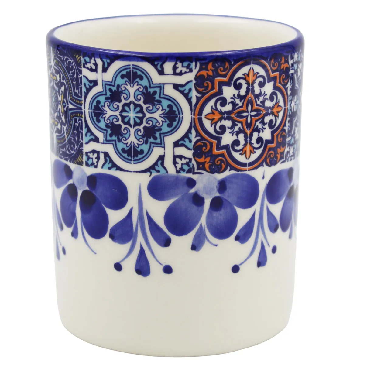 Portuguese Azulejo Ceramic Mug Set of 2 - Blue Tile Pattern with Floral Hand-Painted Design