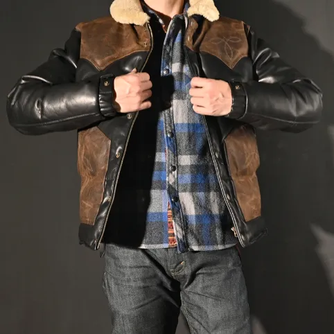 "Men's Genuine Sheepskin Leather Motorcycle Jacket with Stitched Cowhide Accents