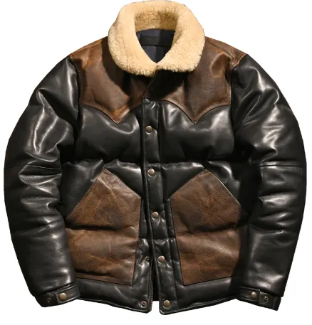 "Men's Genuine Sheepskin Leather Motorcycle Jacket with Stitched Cowhide Accents