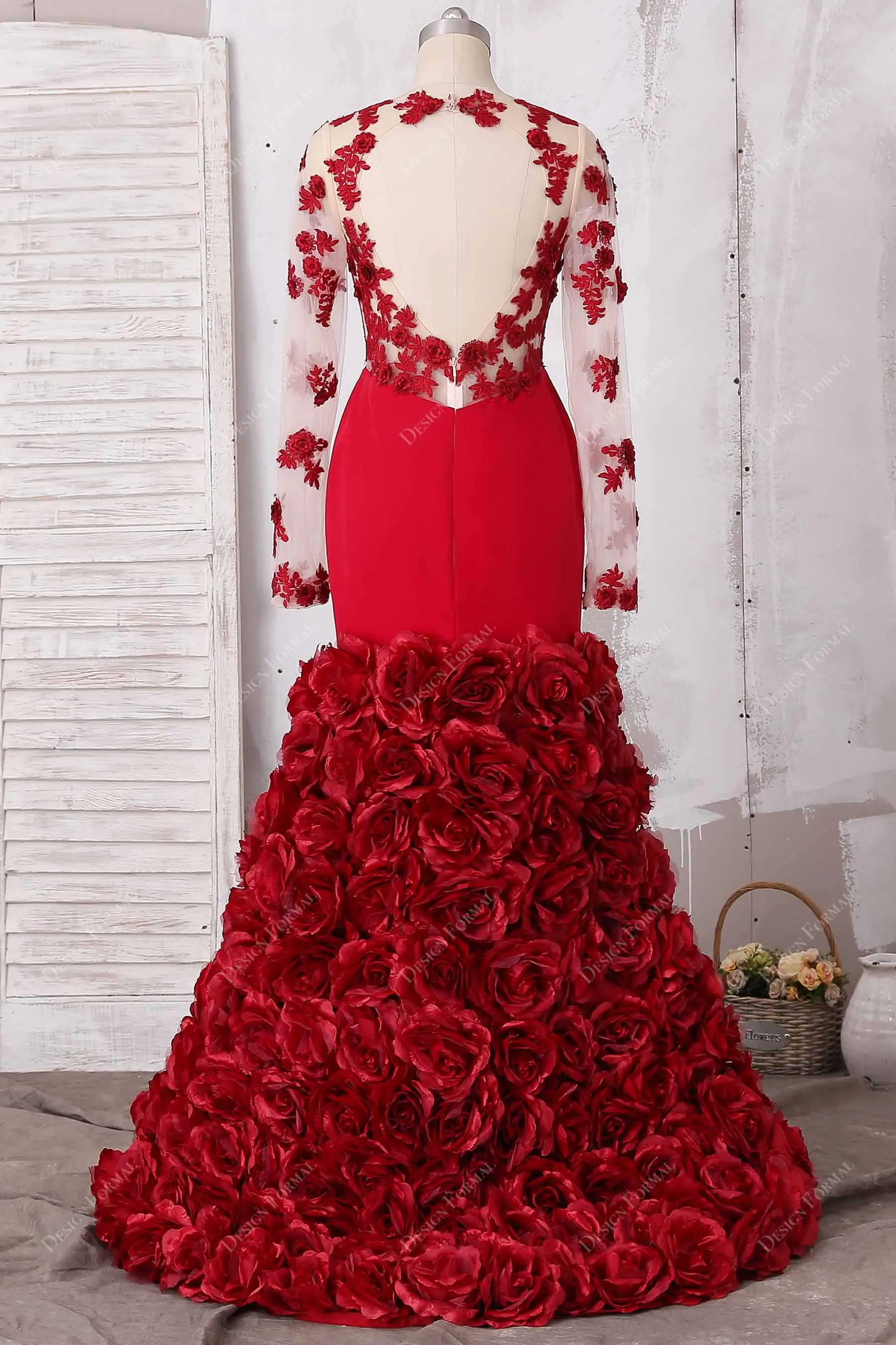 Red 3D Roses Flowers Illusion cutout Dramatic Trumpet Prom Dress