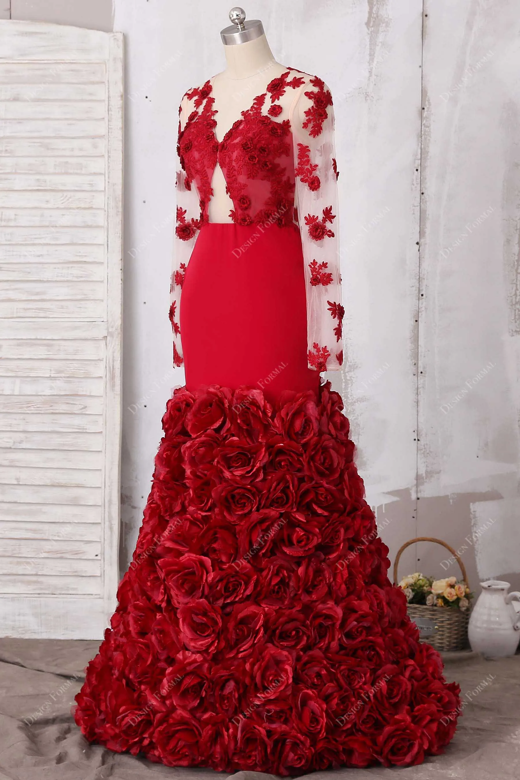 Red 3D Roses Flowers Illusion cutout Dramatic Trumpet Prom Dress