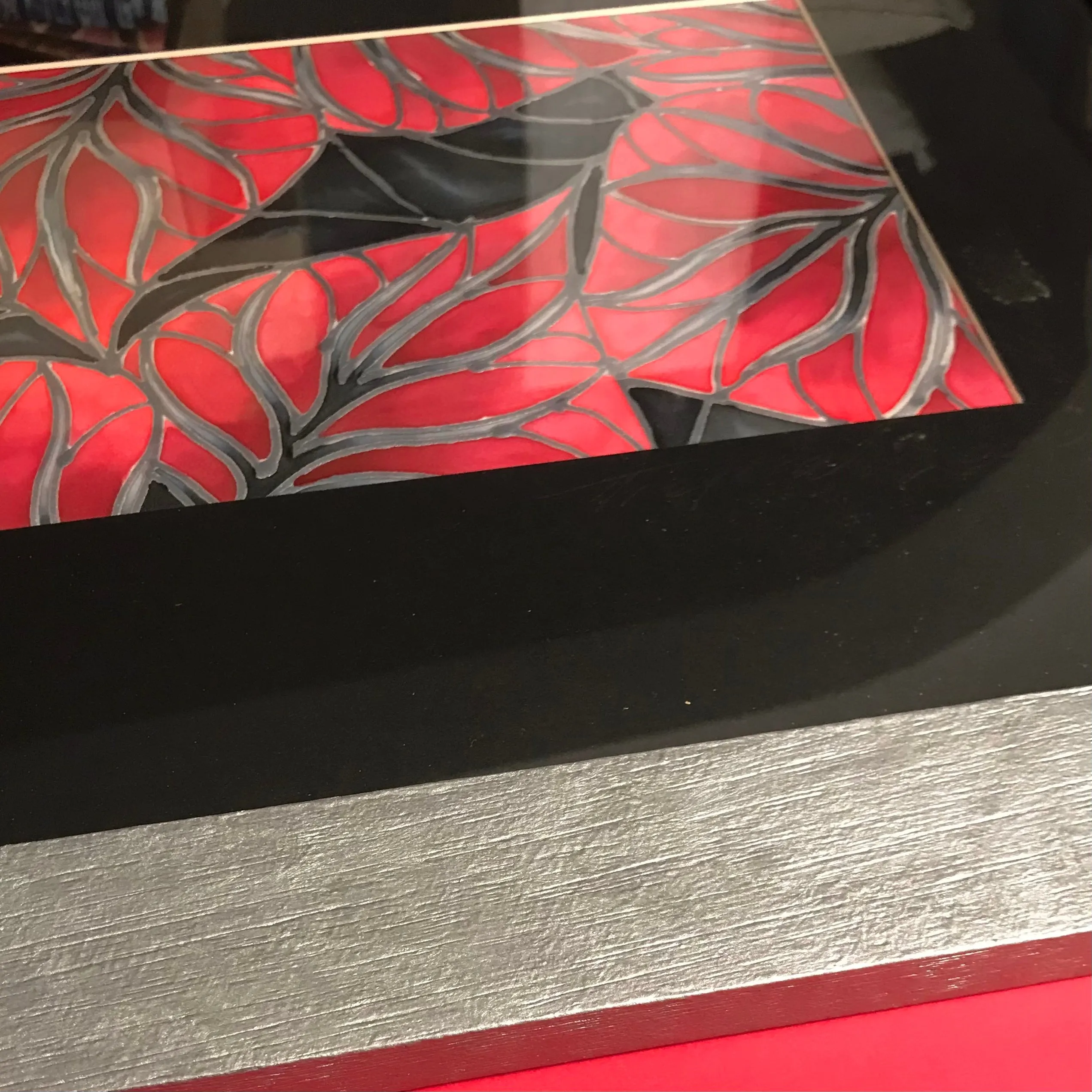 Red Black Silver Tropical Leaves Original Silk Painting - Hand-Painted Silk Art - Dramatic red black silver Art