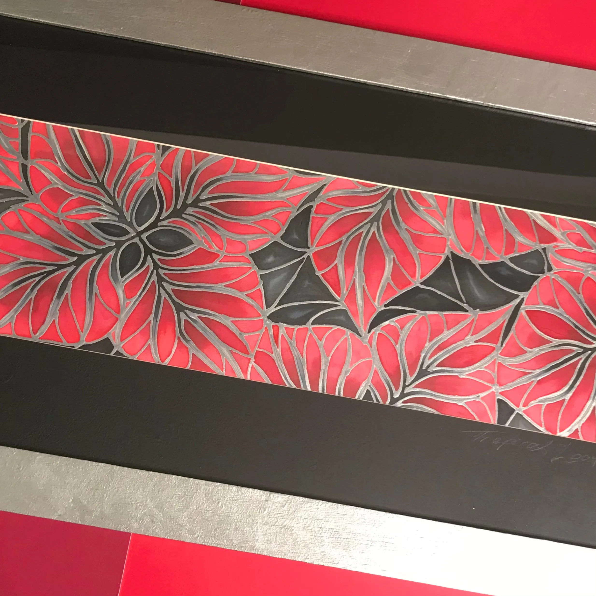 Red Black Silver Tropical Leaves Original Silk Painting - Hand-Painted Silk Art - Dramatic red black silver Art