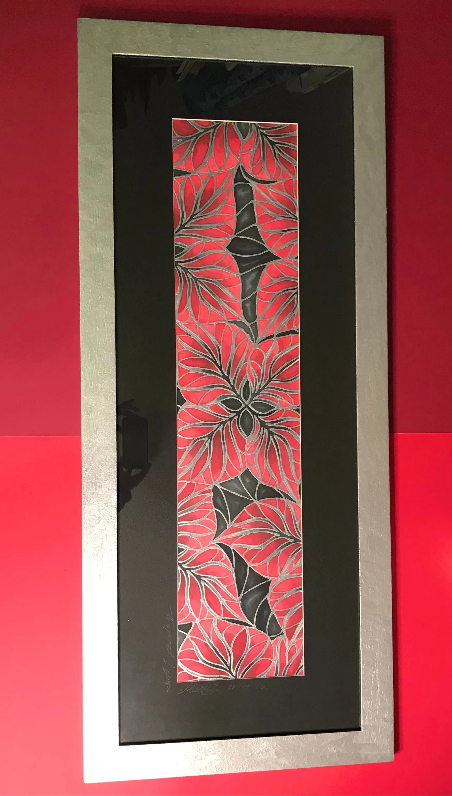 Red Black Silver Tropical Leaves Original Silk Painting - Hand-Painted Silk Art - Dramatic red black silver Art