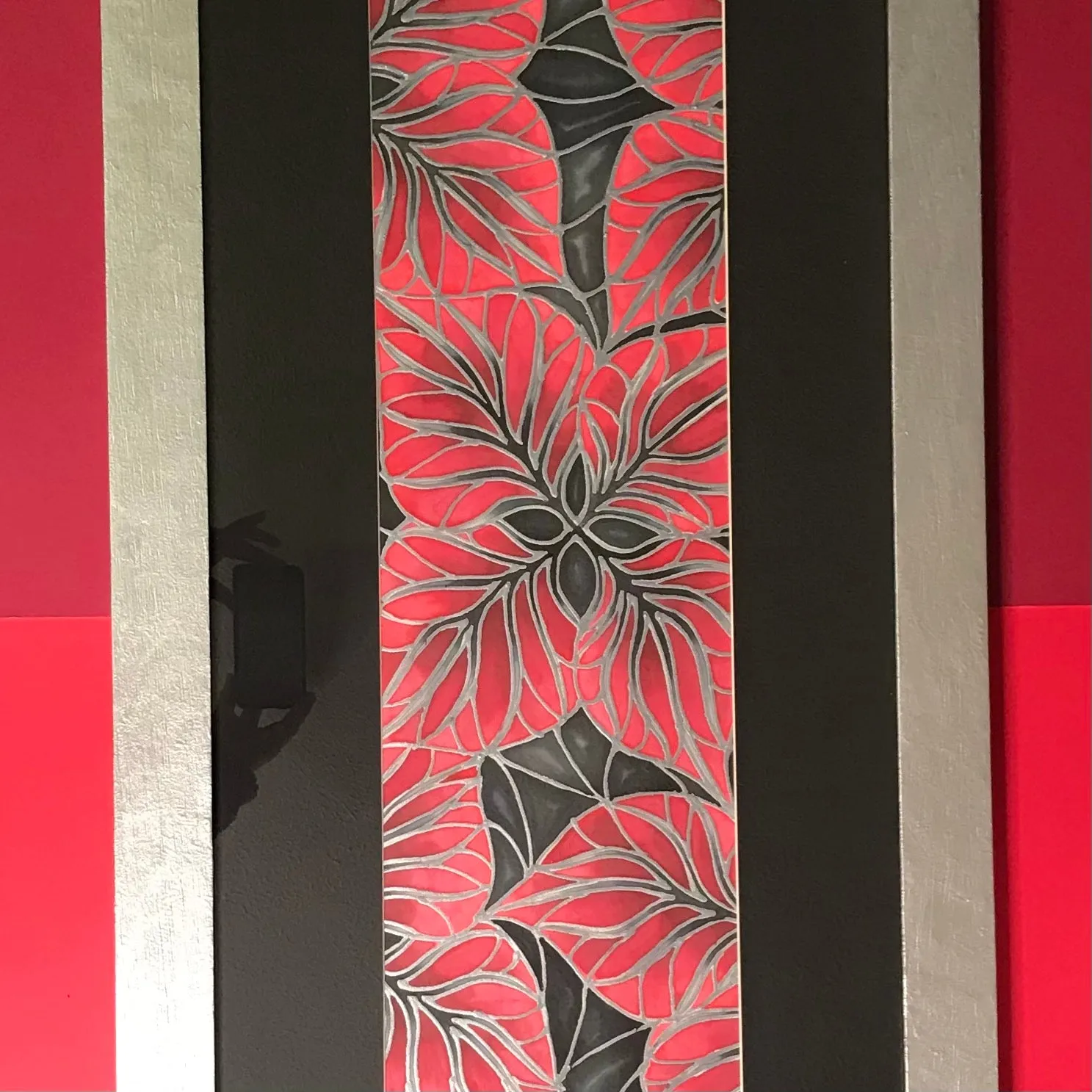 Red Black Silver Tropical Leaves Original Silk Painting - Hand-Painted Silk Art - Dramatic red black silver Art