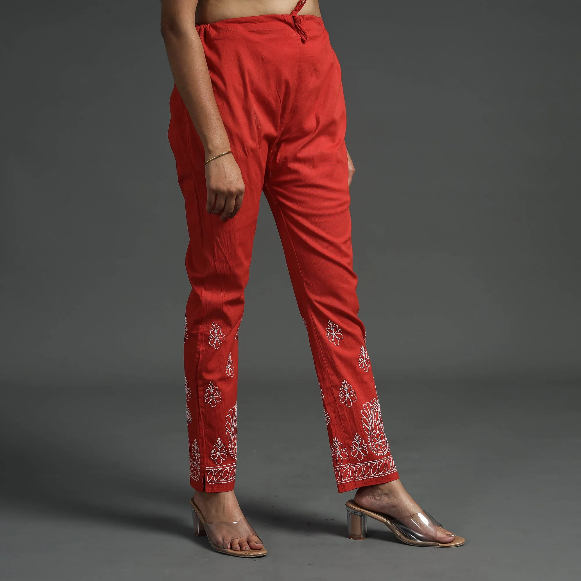 Red - Lucknow Chikankari Hand Embroidery Cotton Lycra Cropped Pant (Free Size)