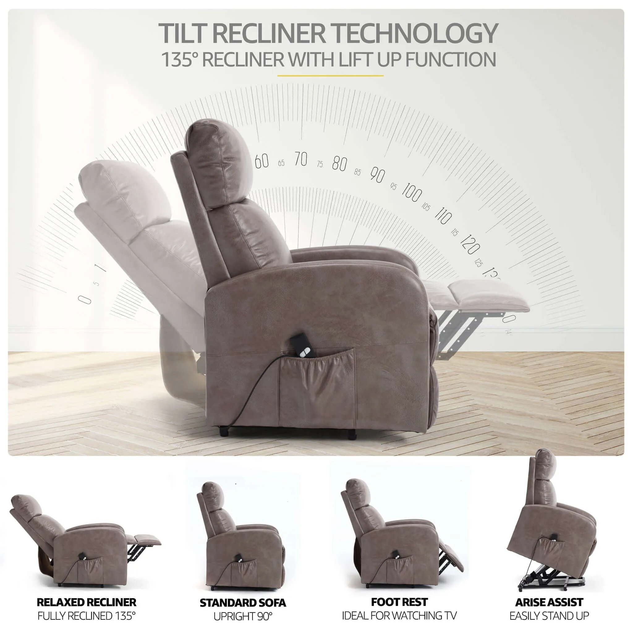 Rise & Recline Electric Recliner Armchair Faux Leather - Dom Mocha