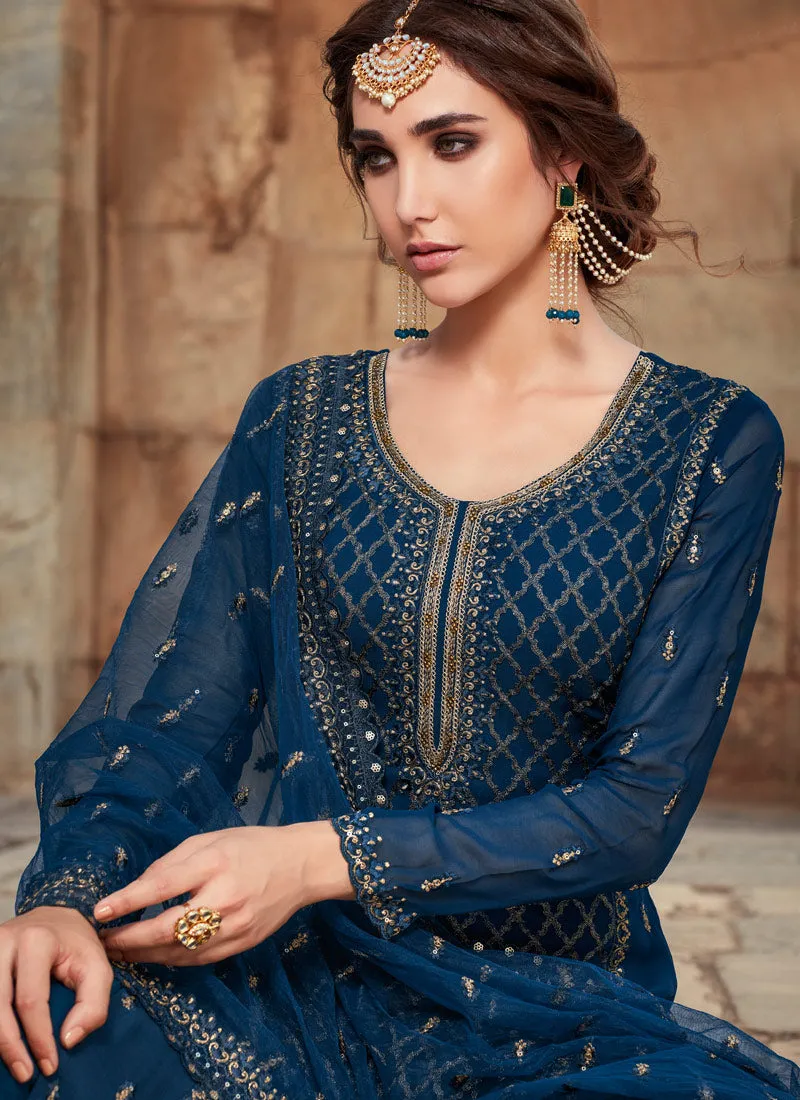 Royal Blue Embroidered Pakistani Sharara Suit