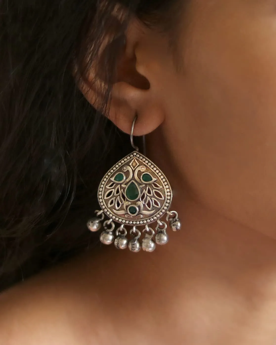 Teejh Vanya Silver Oxidised Green Earrings For Women