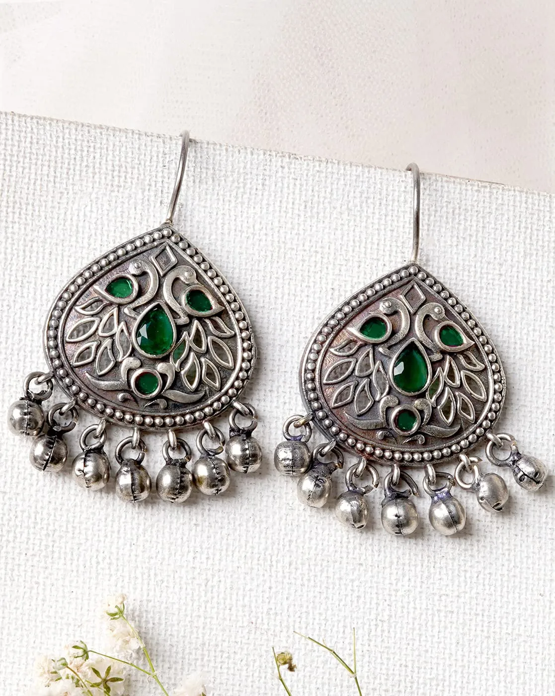 Teejh Vanya Silver Oxidised Green Earrings For Women