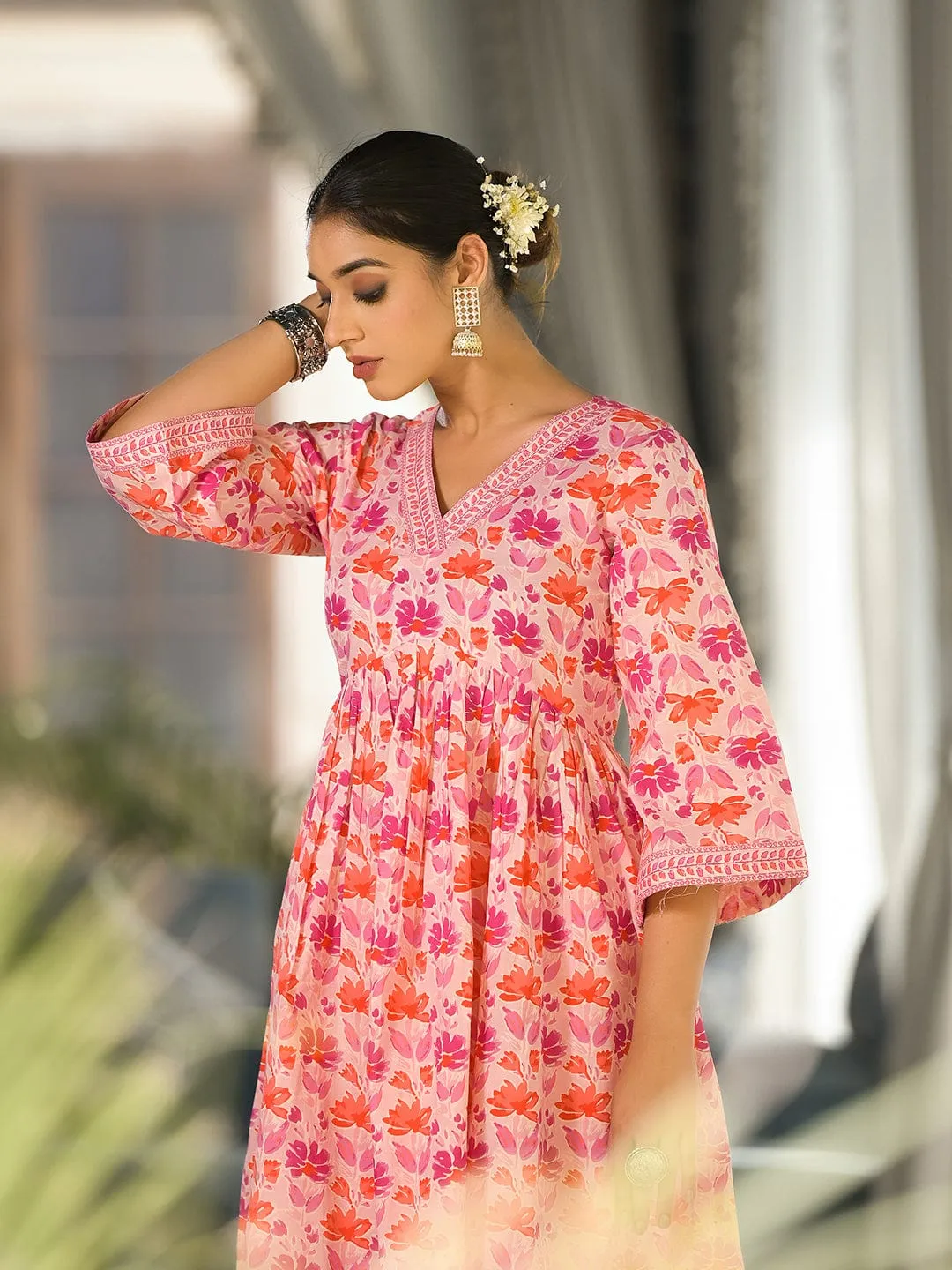 Varanga Women Pink Cotton Floral Printed Co-Ords