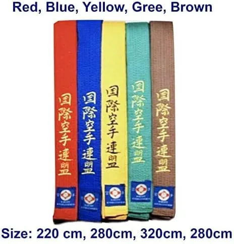 VICTORBUDO USA KYOKUSHIN EMBROIDERED BELTS RED BLUE YELLOW GREEN BROWN SIZES 220/280/320/360 CM