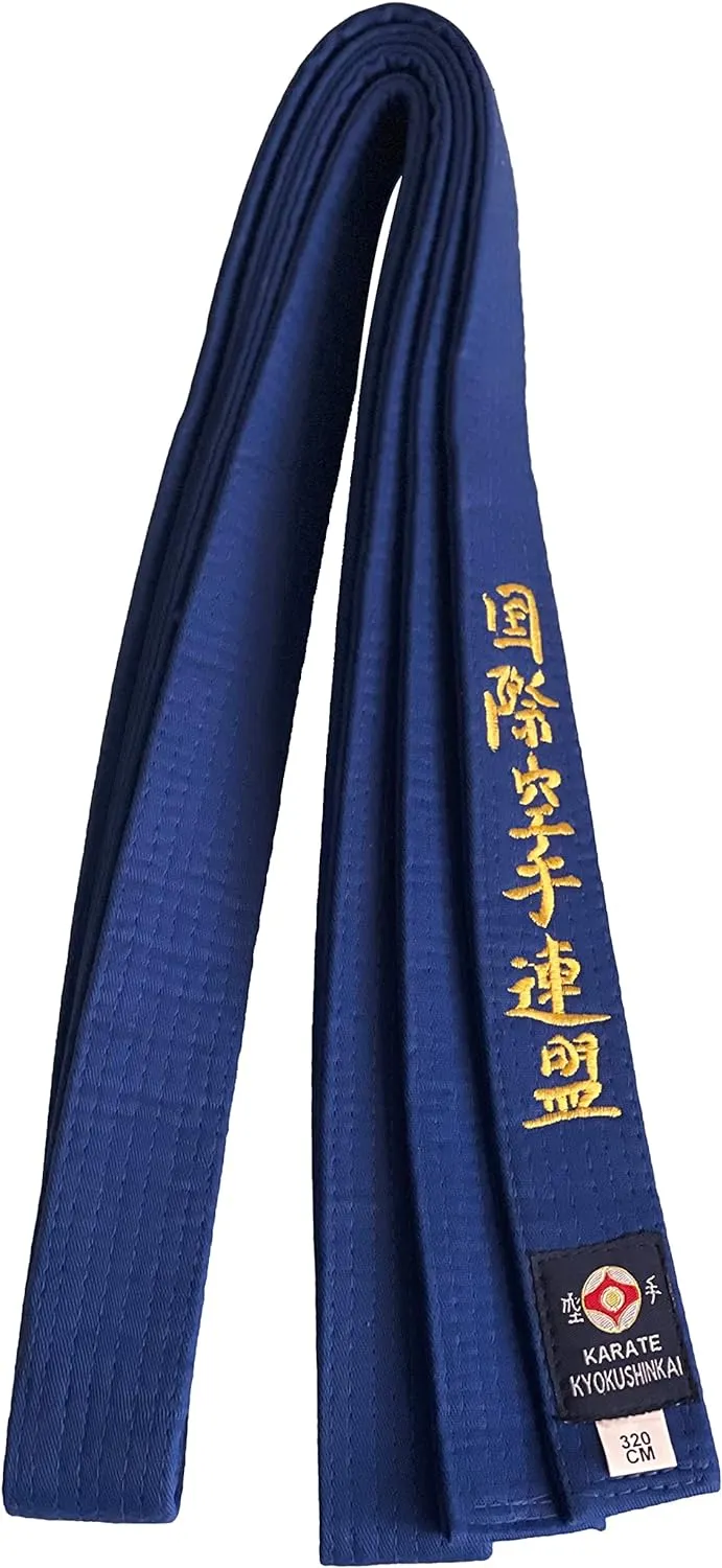 VICTORBUDO USA KYOKUSHIN EMBROIDERED BELTS RED BLUE YELLOW GREEN BROWN SIZES 220/280/320/360 CM