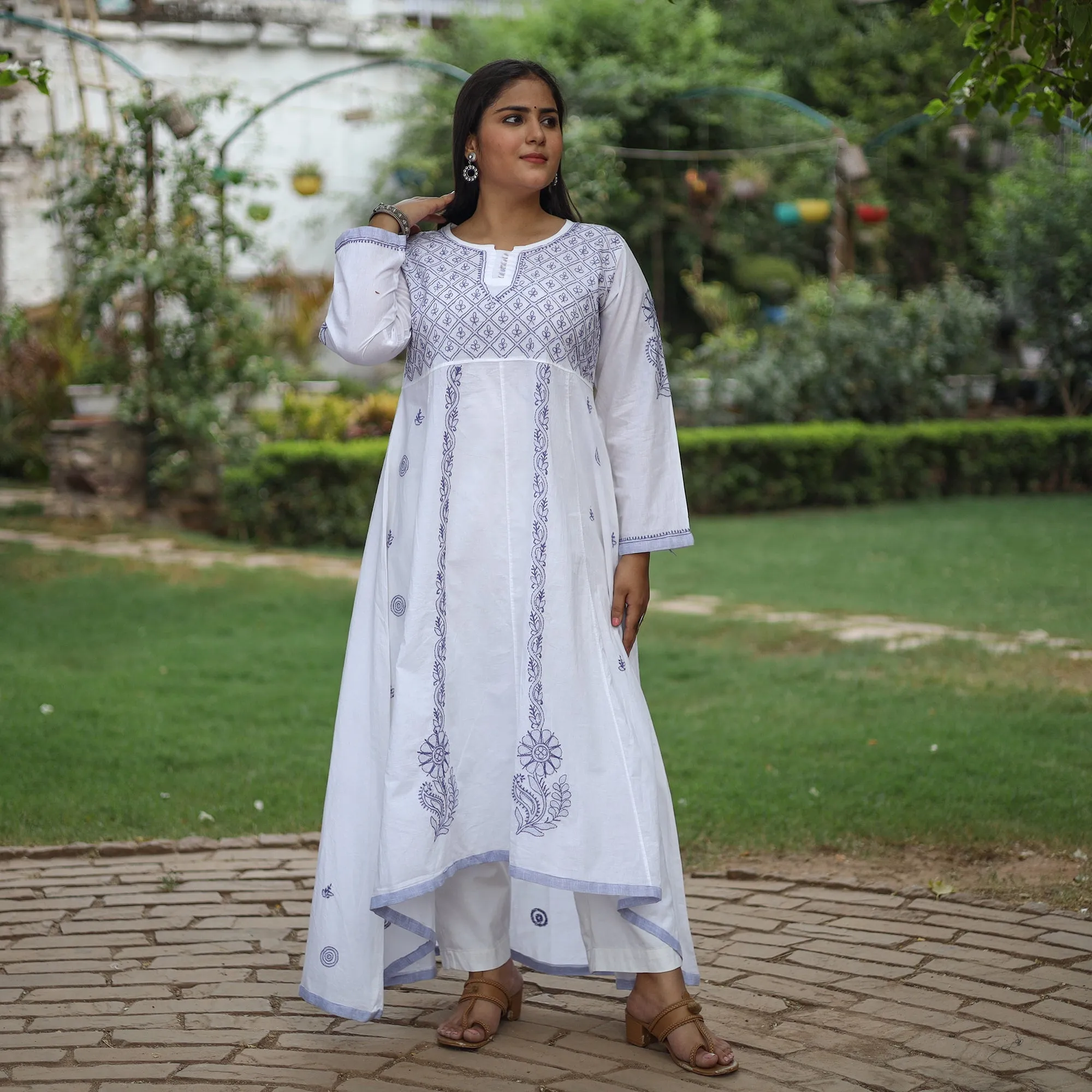 White Blue Chikankari Hand Embroidered Cotton Anarkali Long Kurta with Inner