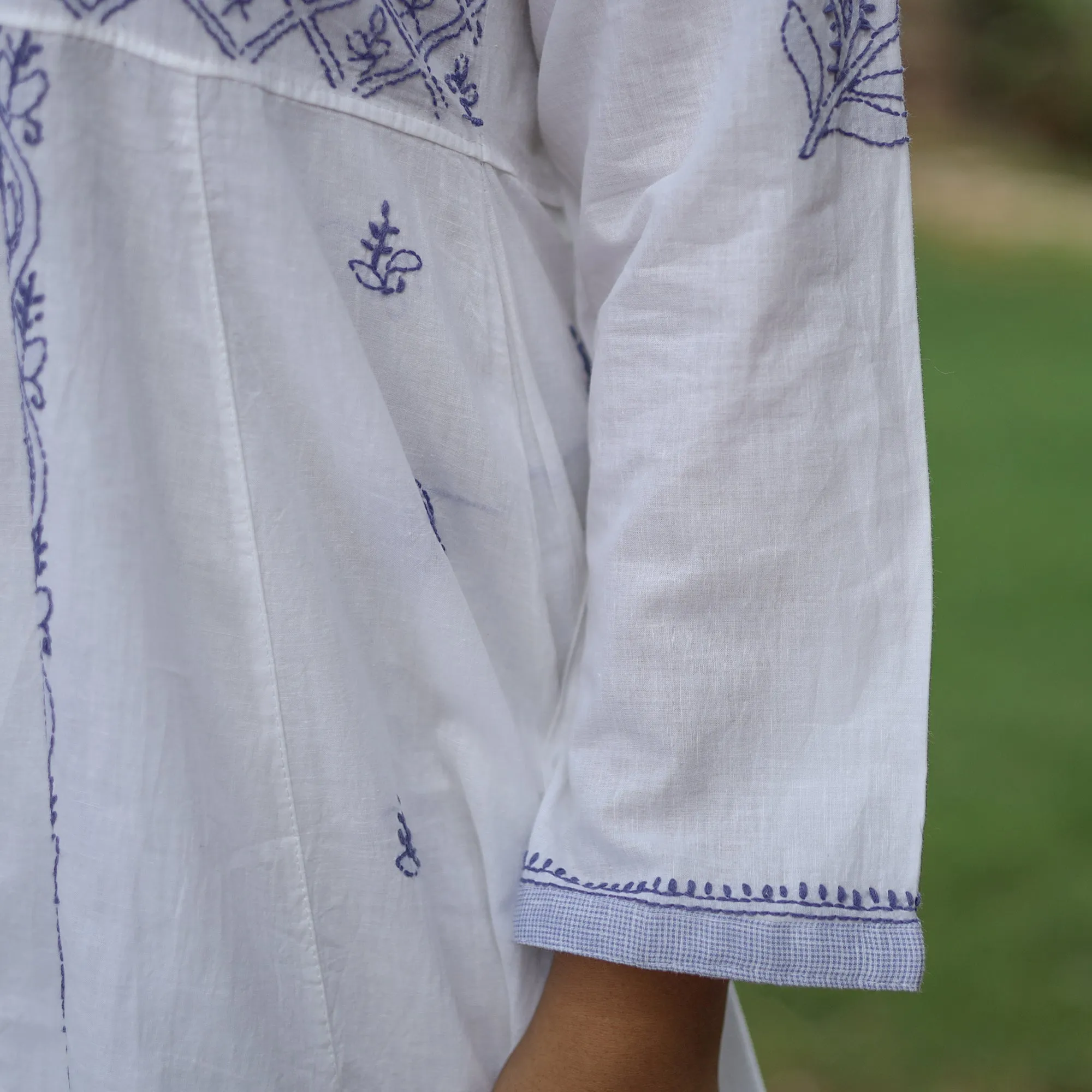 White Blue Chikankari Hand Embroidered Cotton Anarkali Long Kurta with Inner