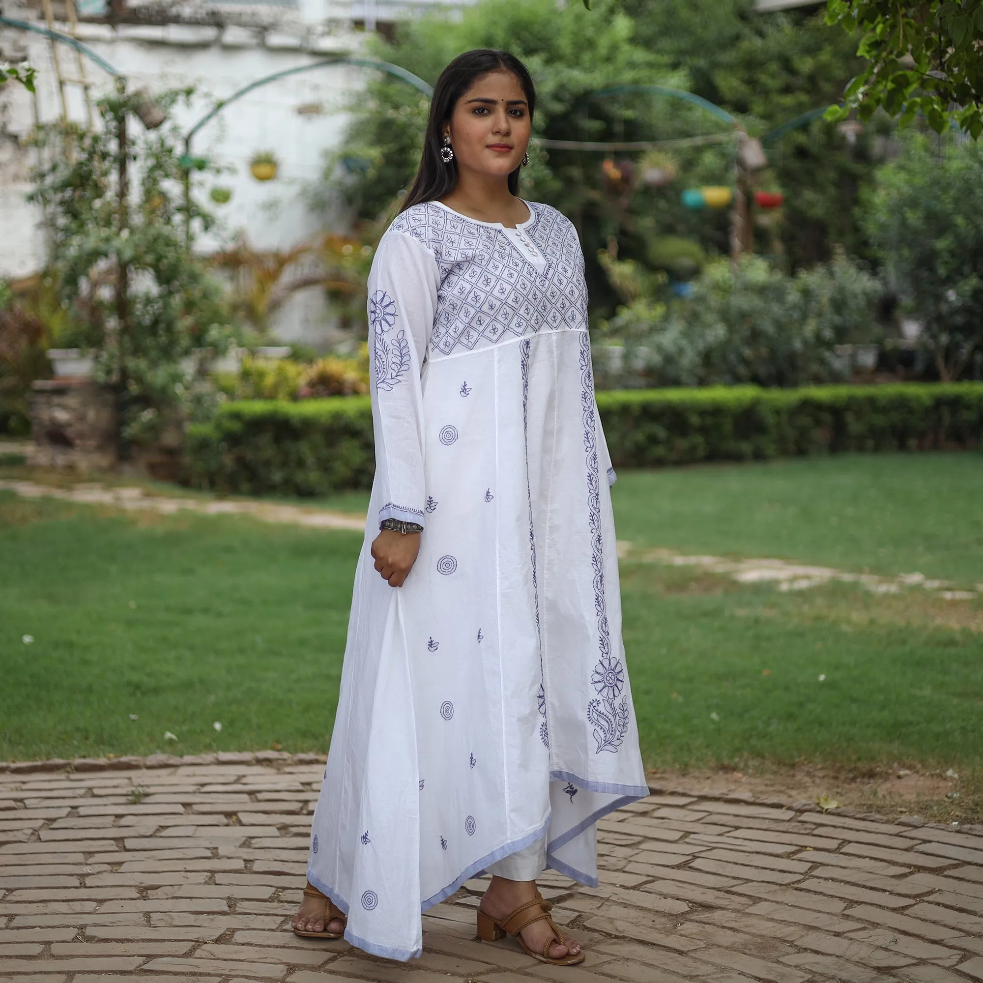 White Blue Chikankari Hand Embroidered Cotton Anarkali Long Kurta with Inner