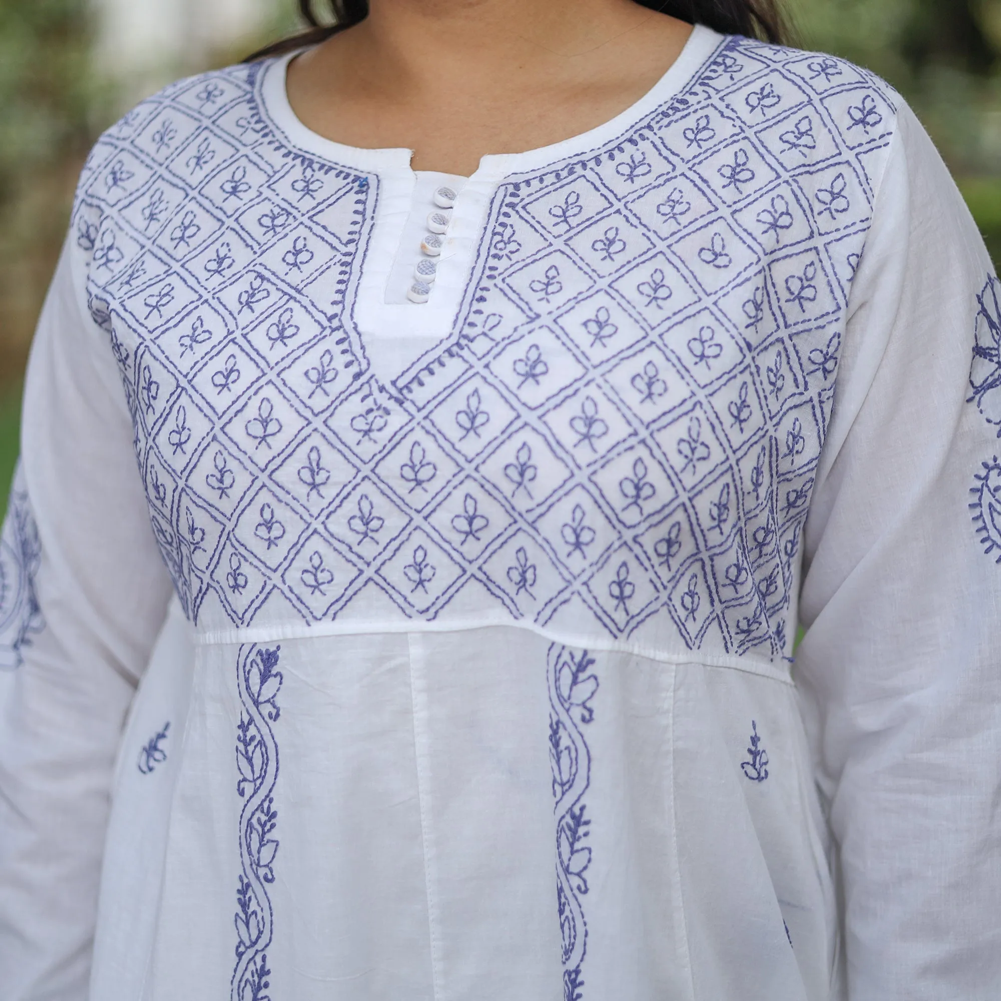 White Blue Chikankari Hand Embroidered Cotton Anarkali Long Kurta with Inner