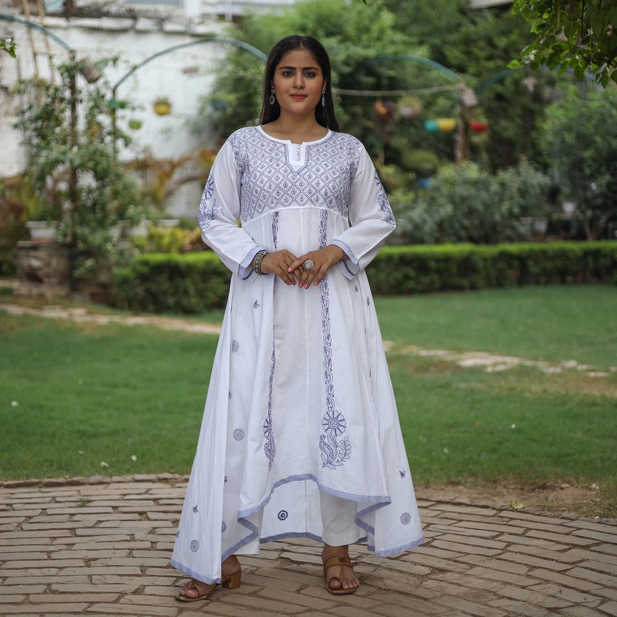 White Blue Chikankari Hand Embroidered Cotton Anarkali Long Kurta with Inner