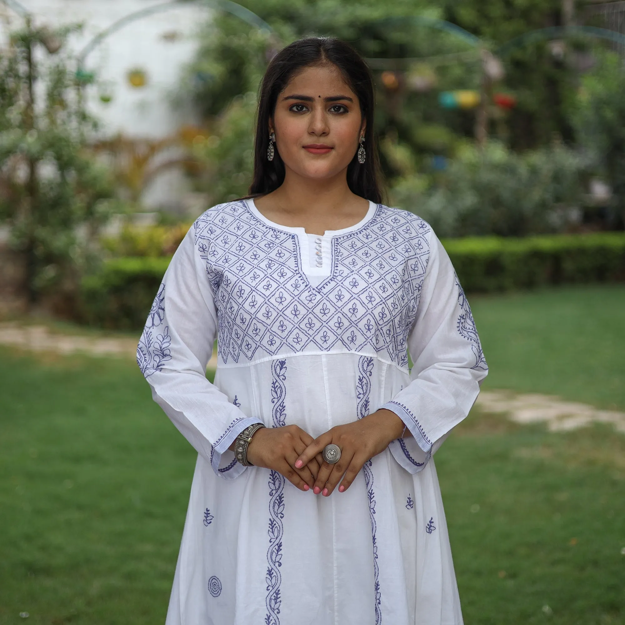 White Blue Chikankari Hand Embroidered Cotton Anarkali Long Kurta with Inner