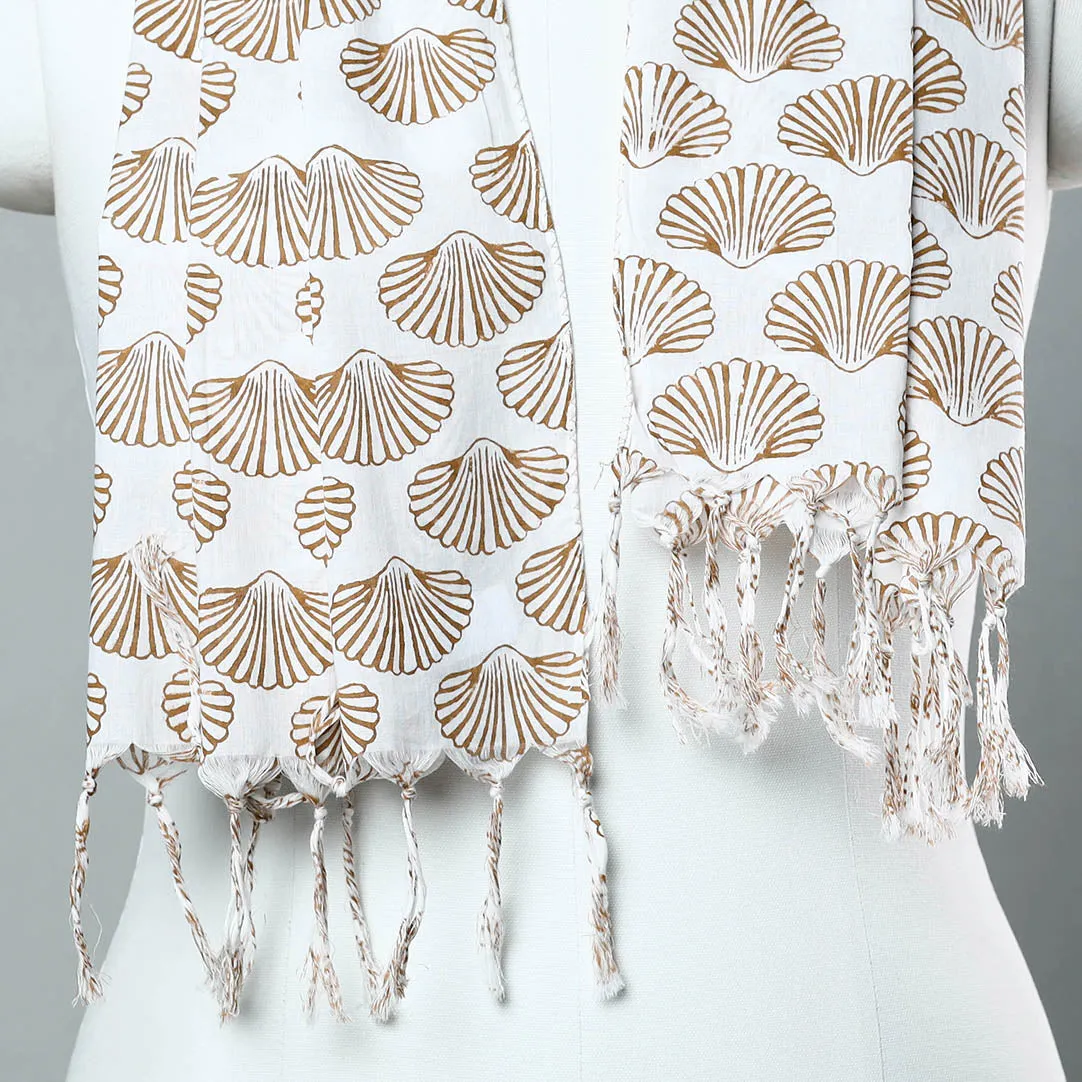 White - Sanganeri Block Printed Cotton Stole with Tassels 51