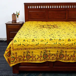 Yellow - Bengal Kantha Embroidered Cotton Single Bed Cover (119 x 69 in) 01